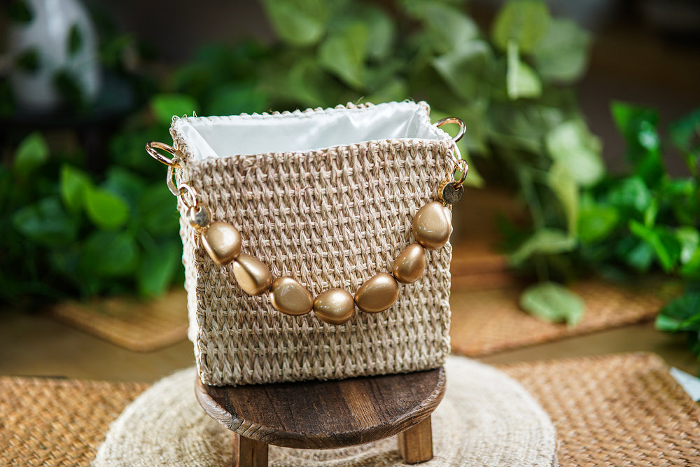 Woven Bag with Golden Bead Detail