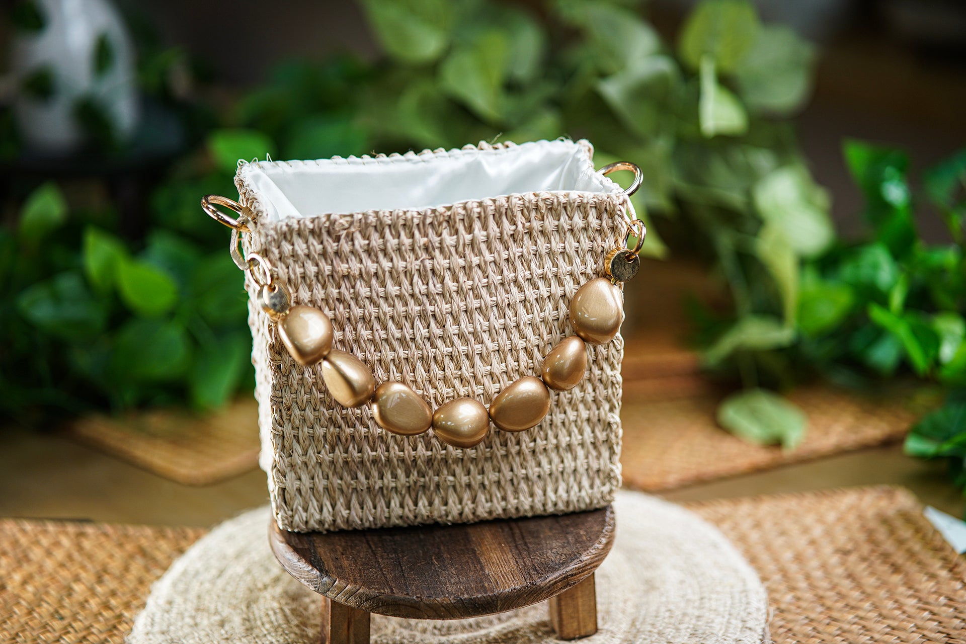 Woven Bag with Golden Bead Detail
