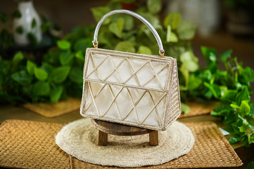 Rectangular Woven Bag with Neutral Geometric Design