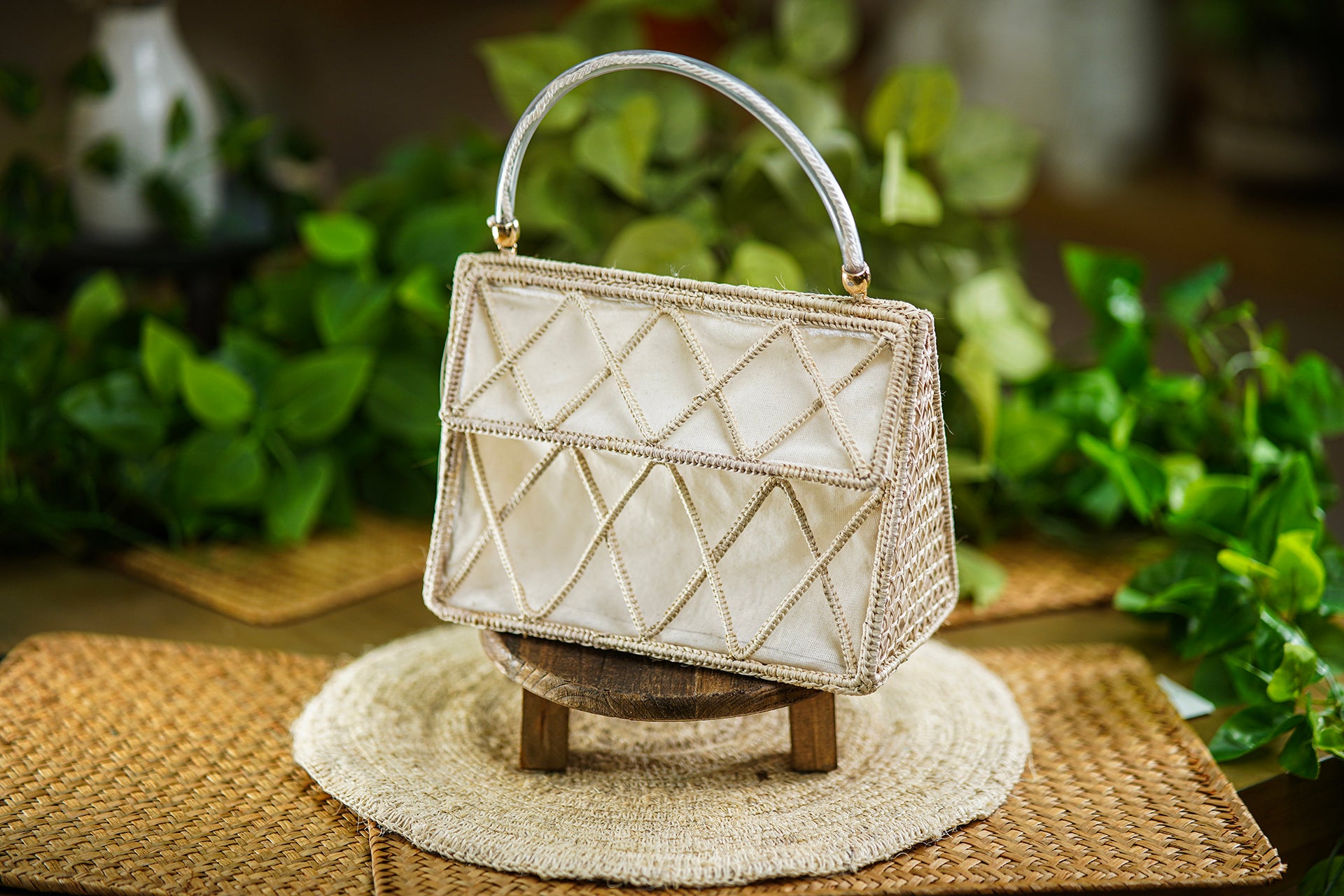 Rectangular Woven Bag with Neutral Geometric Design