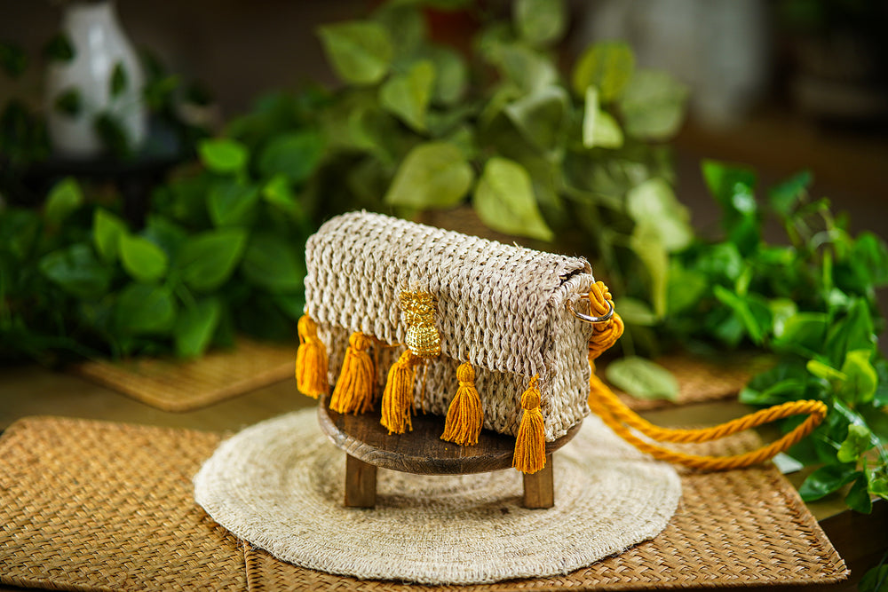 Woven Bag with Mustard Tassels and Golden Pineapple Clasp