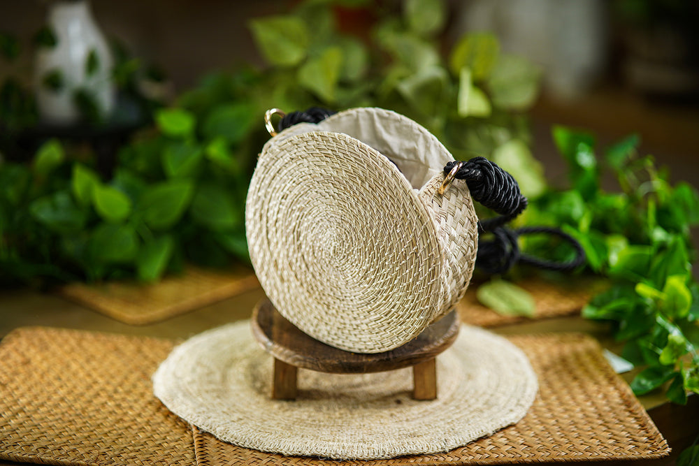 Round Woven Bag with Black Rope Handle