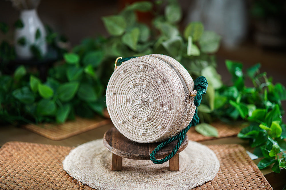Round Woven Bag with Pearls and Green Rope Handle