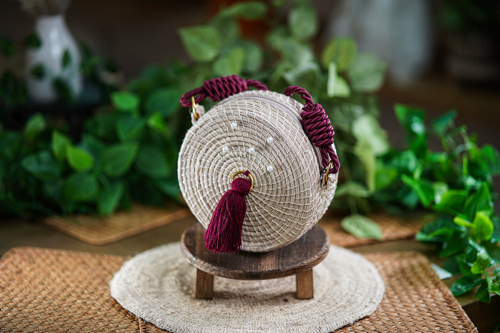Round Woven Bag with Pearls and Burgundy Tassel