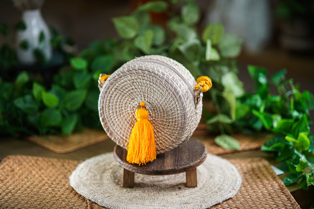 Round Woven Bag with Yellow Tassel