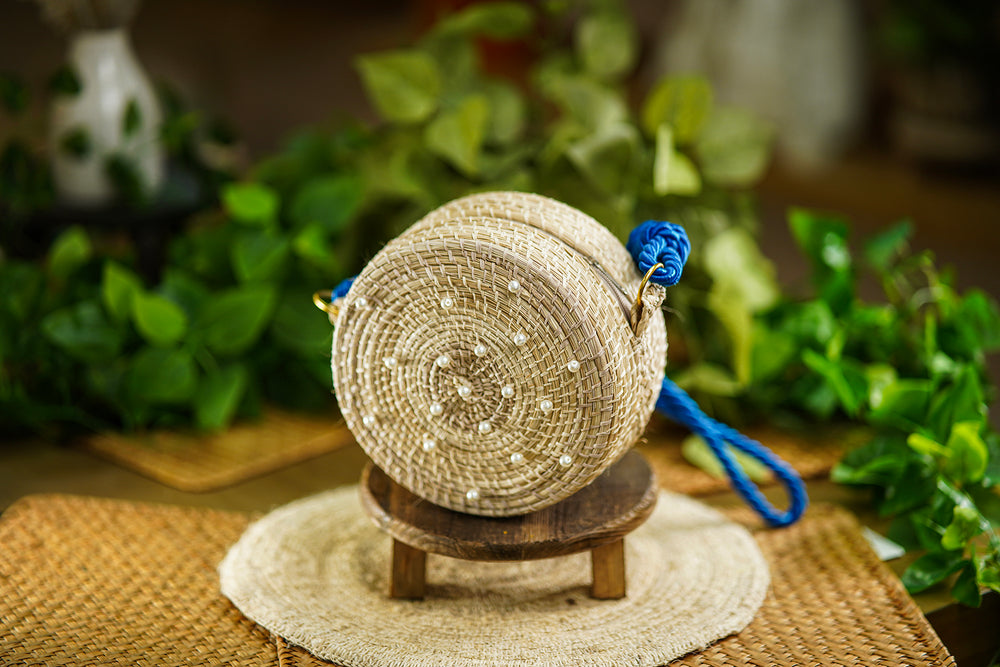 Round Woven Bag with Pearls and Blue Rope Handle