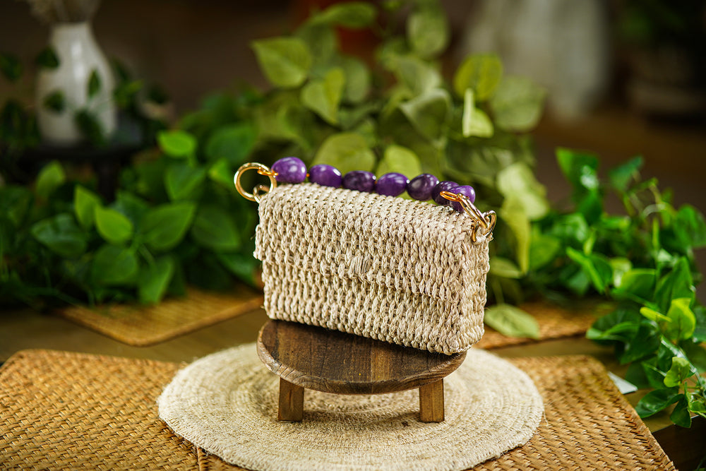 Woven Bag with Purple Bead Handle