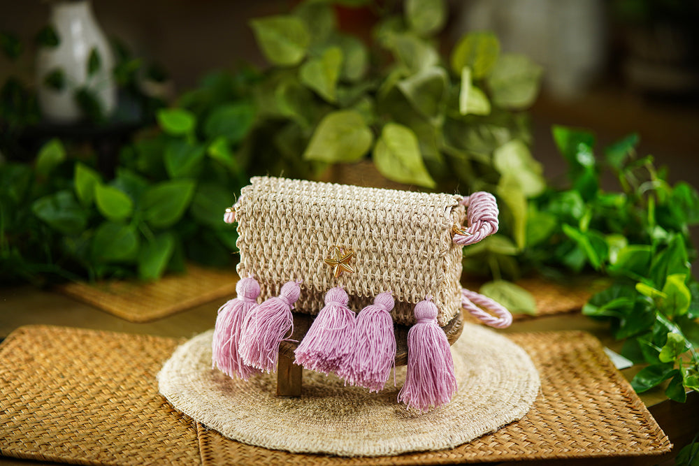 Woven Bag with Lilac Tassels and Golden Star Detail