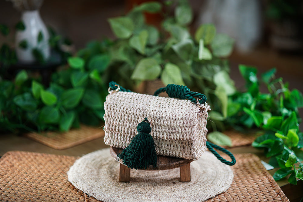 Woven Bag with Green Tassel and Rope Handle