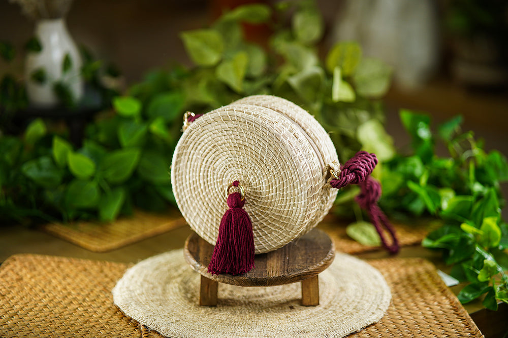 Round Woven Bag with Burgundy Tassel and Rope Handle
