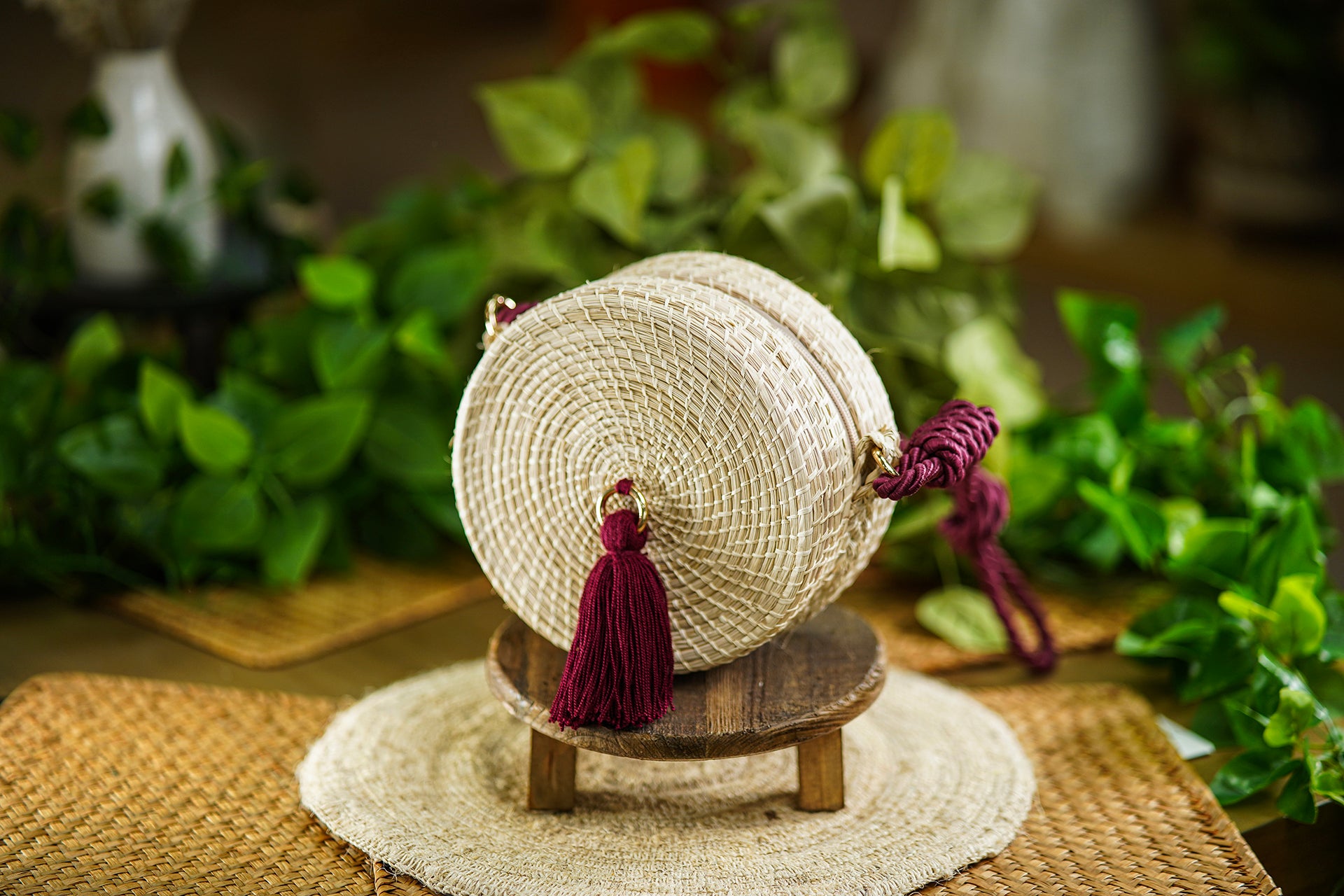 Round Woven Bag with Burgundy Tassel and Rope Handle