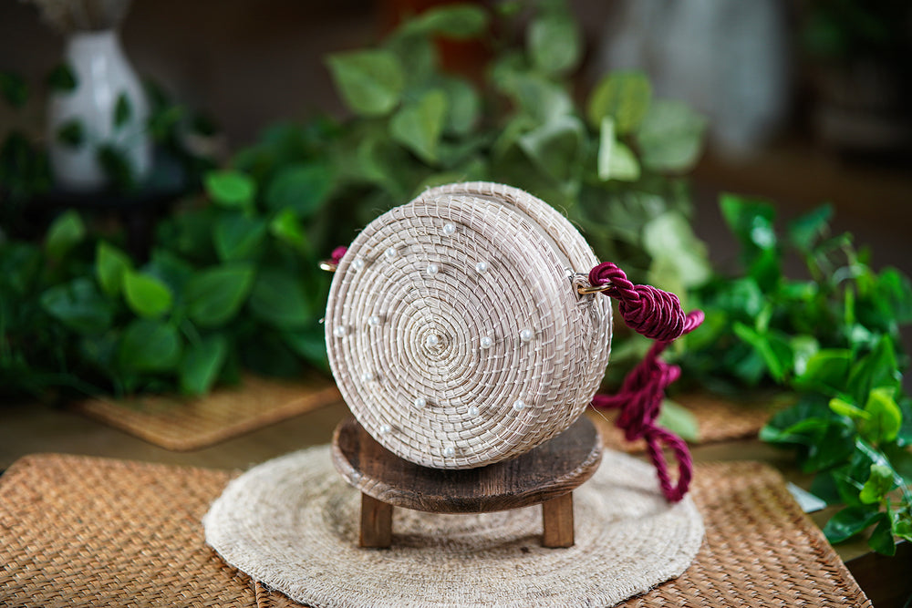 Round Woven Bag with Pearls and Burgundy Rope Handle