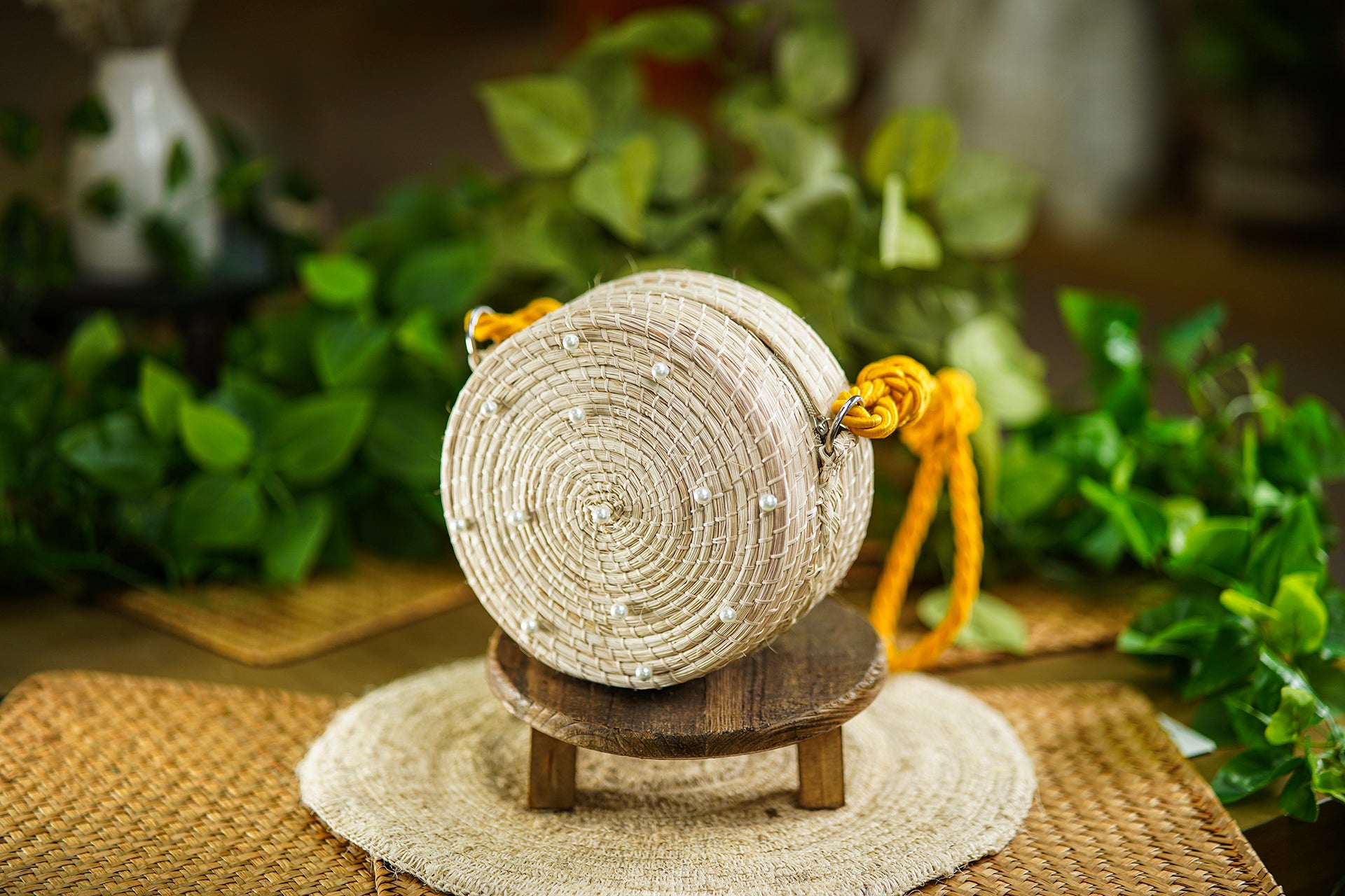 Round Woven Bag with Pearls and Mustard Rope Handle