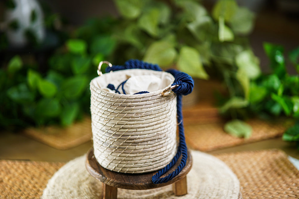 Cylindrical Woven Bag with Navy Blue Rope Handle