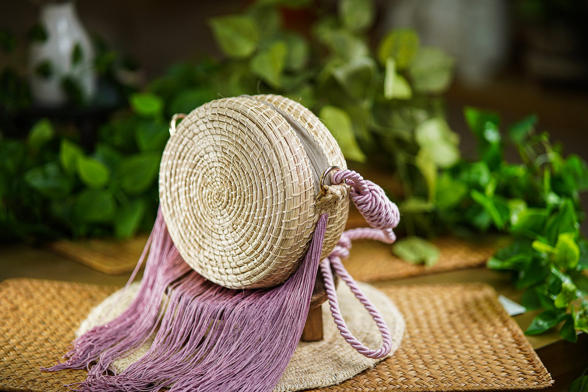 Round Woven Bag with Lilac Fringe