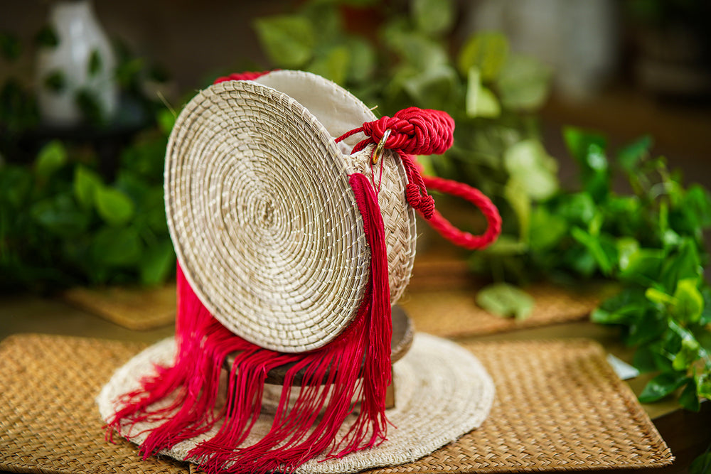Round Woven Bag with Red Fringe