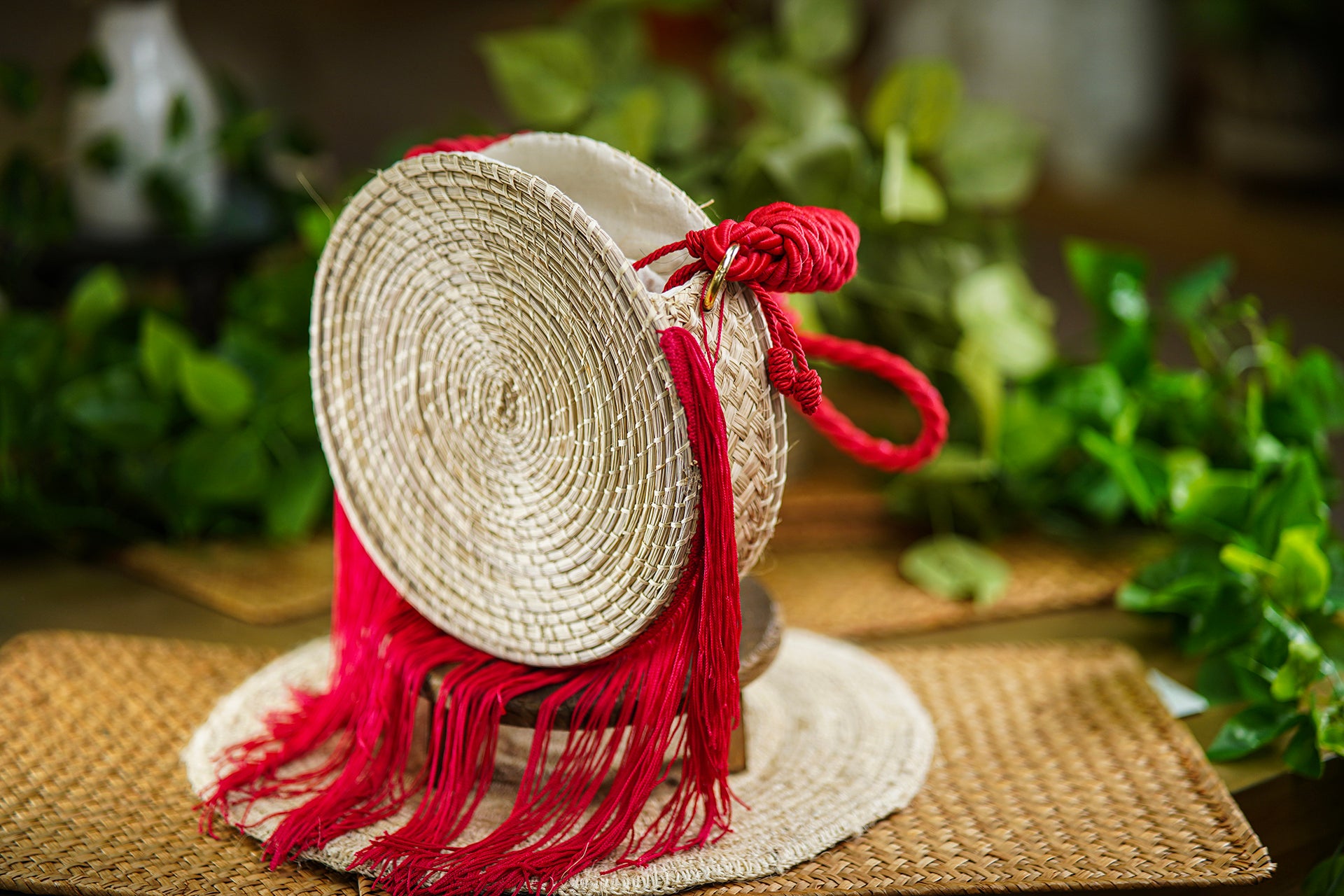 Round Woven Bag with Red Fringe
