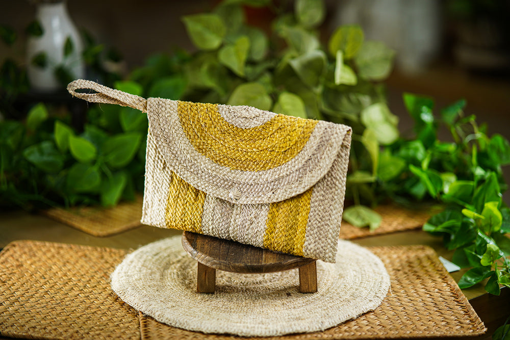 Handwoven Clutch in Natural Fibers with Yellow Design