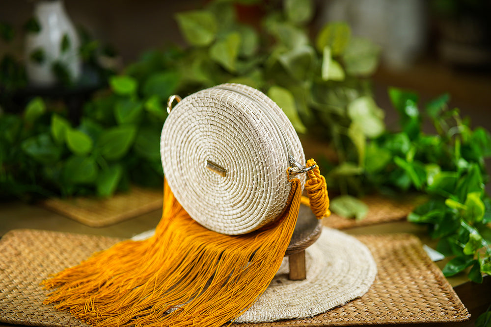 Round Woven Bag with Mustard Fringe