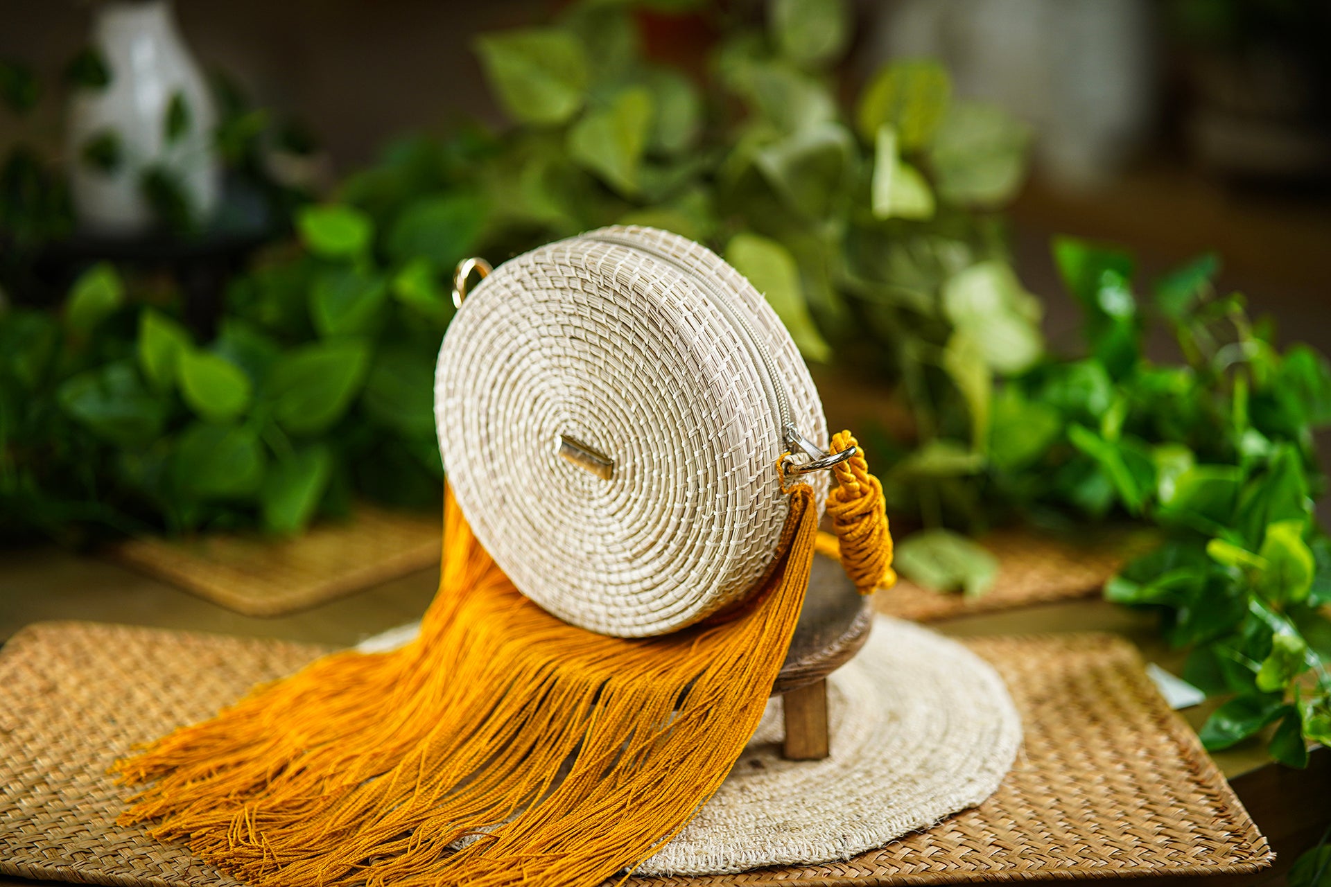 Round Woven Bag with Mustard Fringe