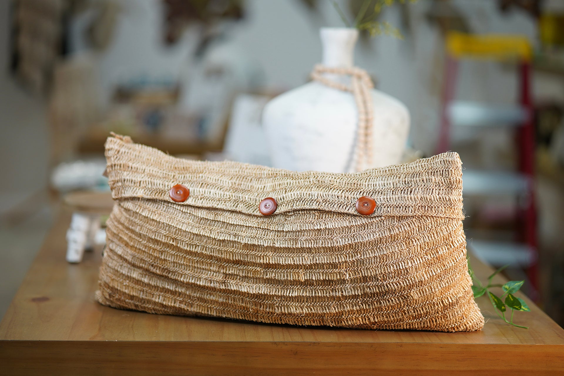 Handmade Natural Fiber Cushion with Buttons