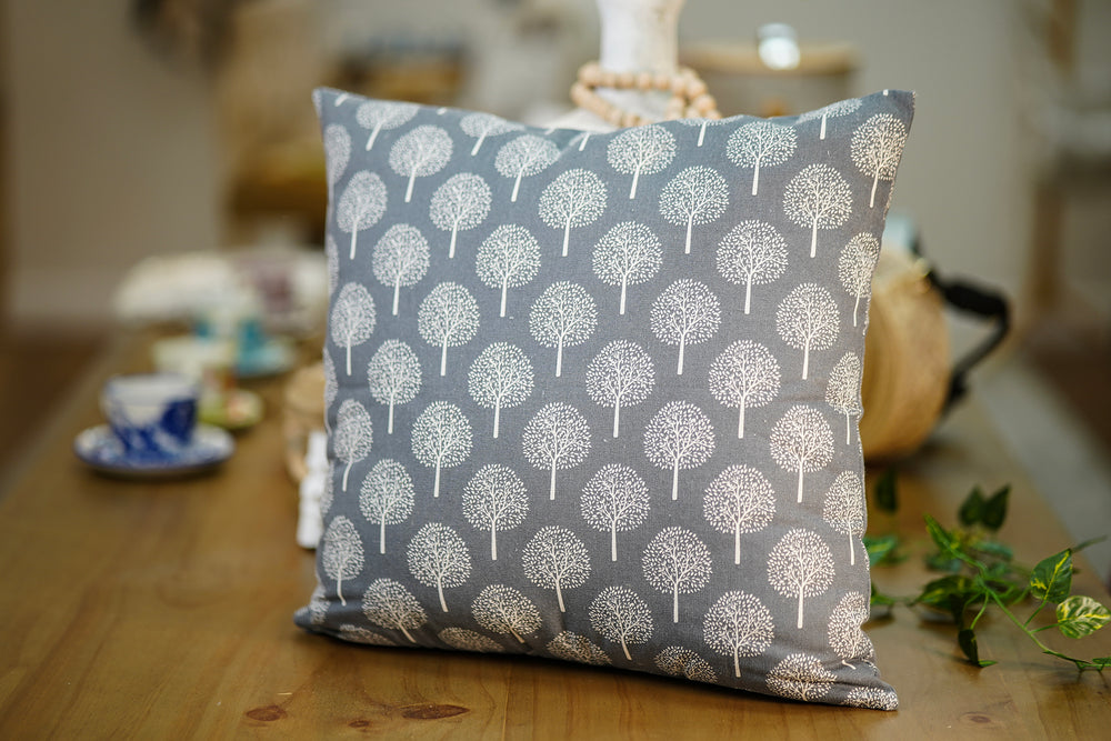 Printed Cushion – Gray with White Tree Design
