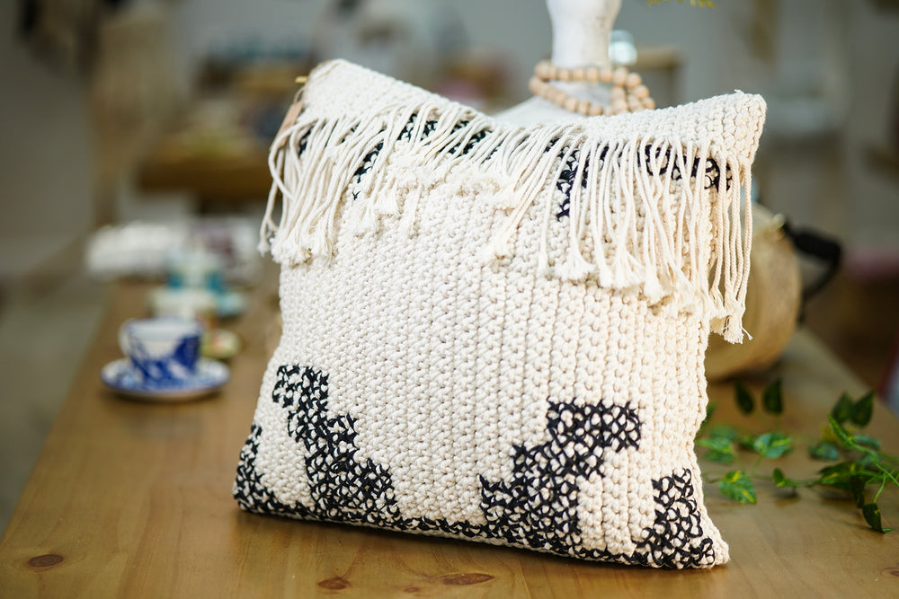 Handwoven Cushion – Off-White with Fringes and Black Details