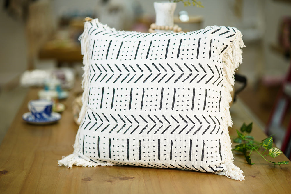 Artisanal Cushion with Fringes – White with Black Tribal Design