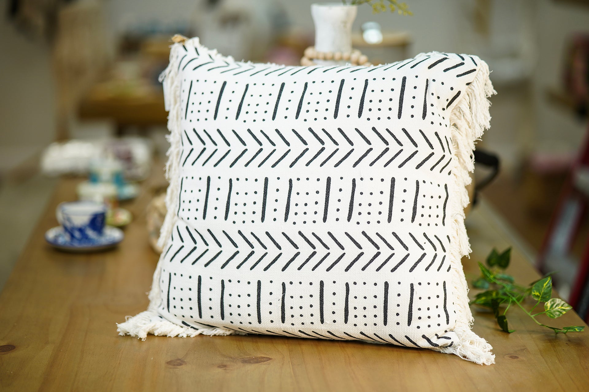 Artisanal Cushion with Fringes – White with Black Tribal Design