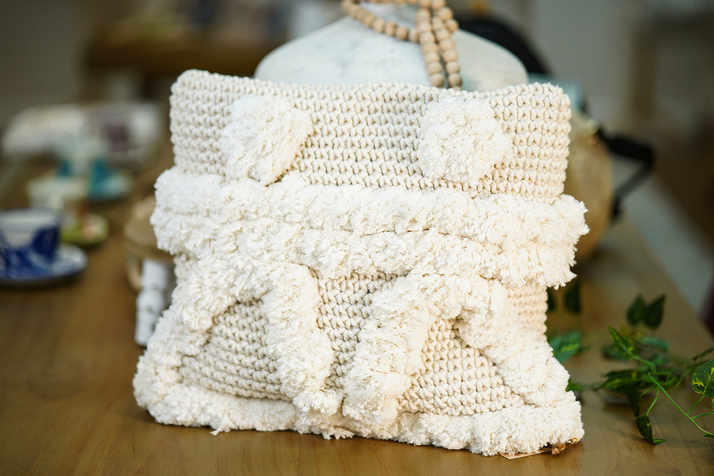Handwoven Cushion – Off-White with Textures and Pom-Poms