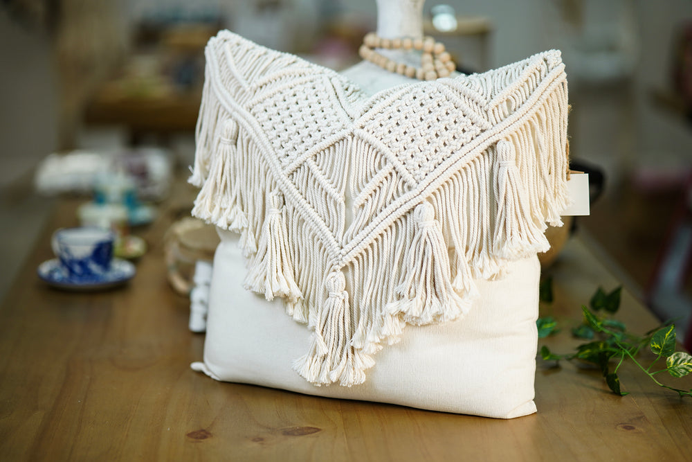 Cushion with Macramé Cover – Off-White with Decorative Fringes