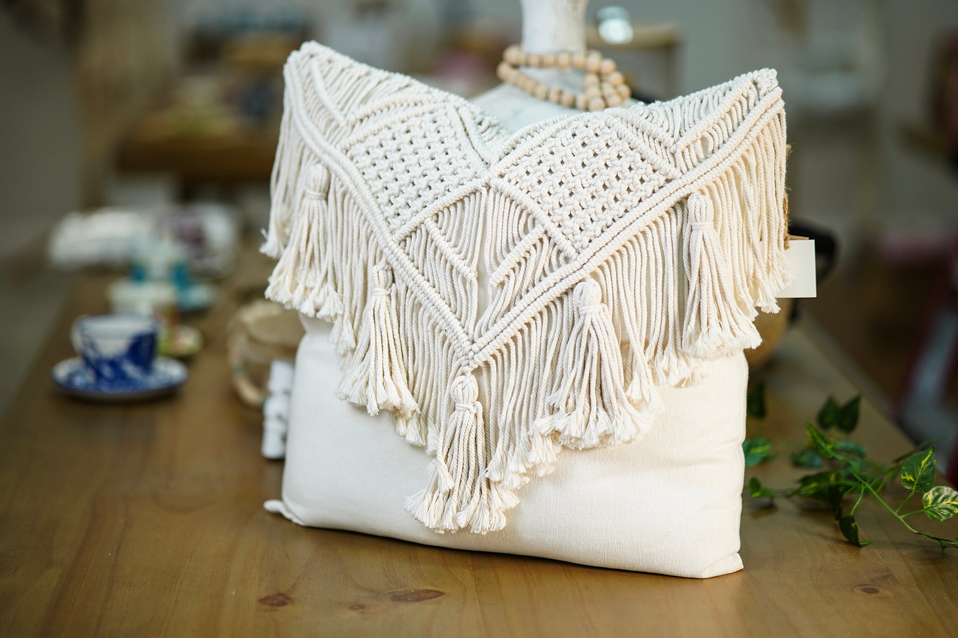 Cushion with Macramé Cover – Off-White with Decorative Fringes