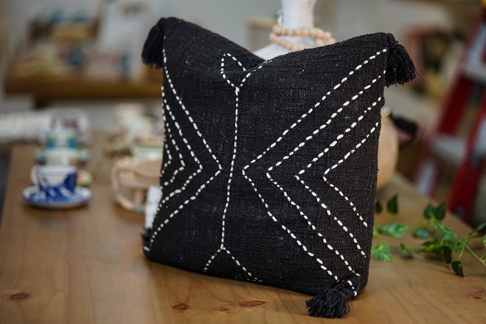 Artisanal Cushion with Tassels – Black with White Geometric Embroidery