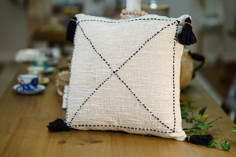 Artisanal Cushion with Tassels – Beige with Black Cross Embroidery