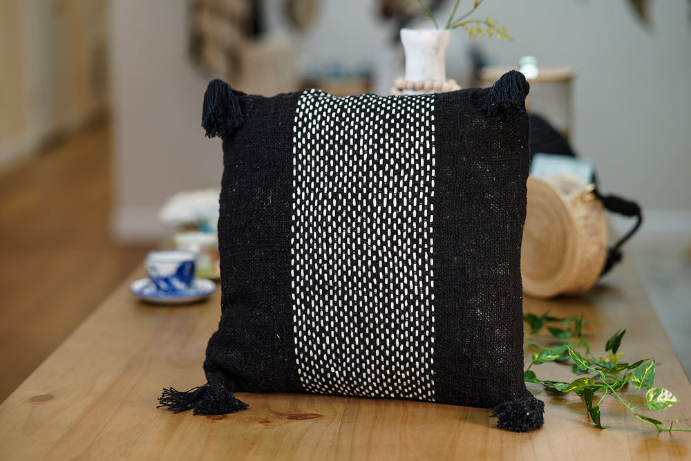 Artisanal Cushion with Tassels – Black with White Central Stripe
