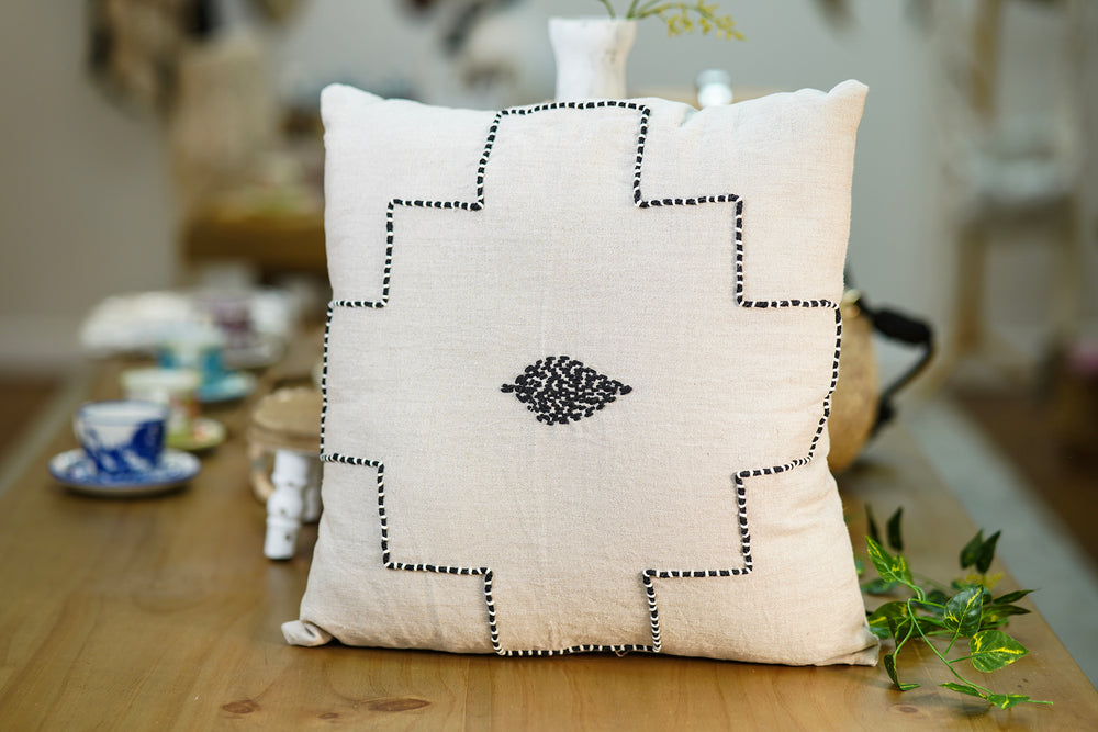 Embroidered Artisanal Cushion – Beige with Black Geometric Design