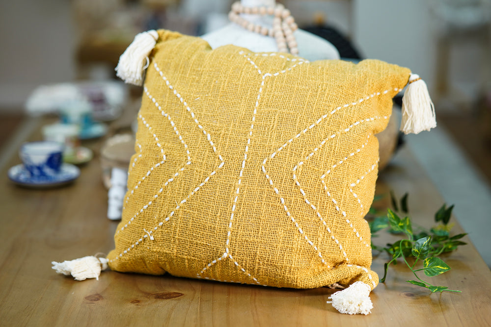 Artisanal Cushion with Tassels – Mustard with White Embroidery