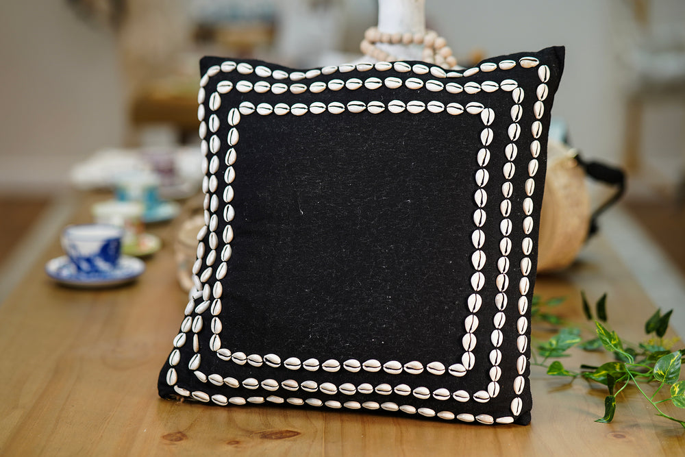 Artisanal Cushion with Shells – Black with Decorative Border