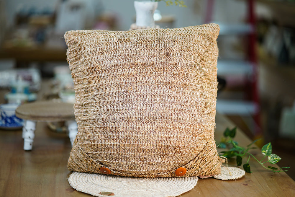 Handwoven Cushion – Natural with Double Decorative Button