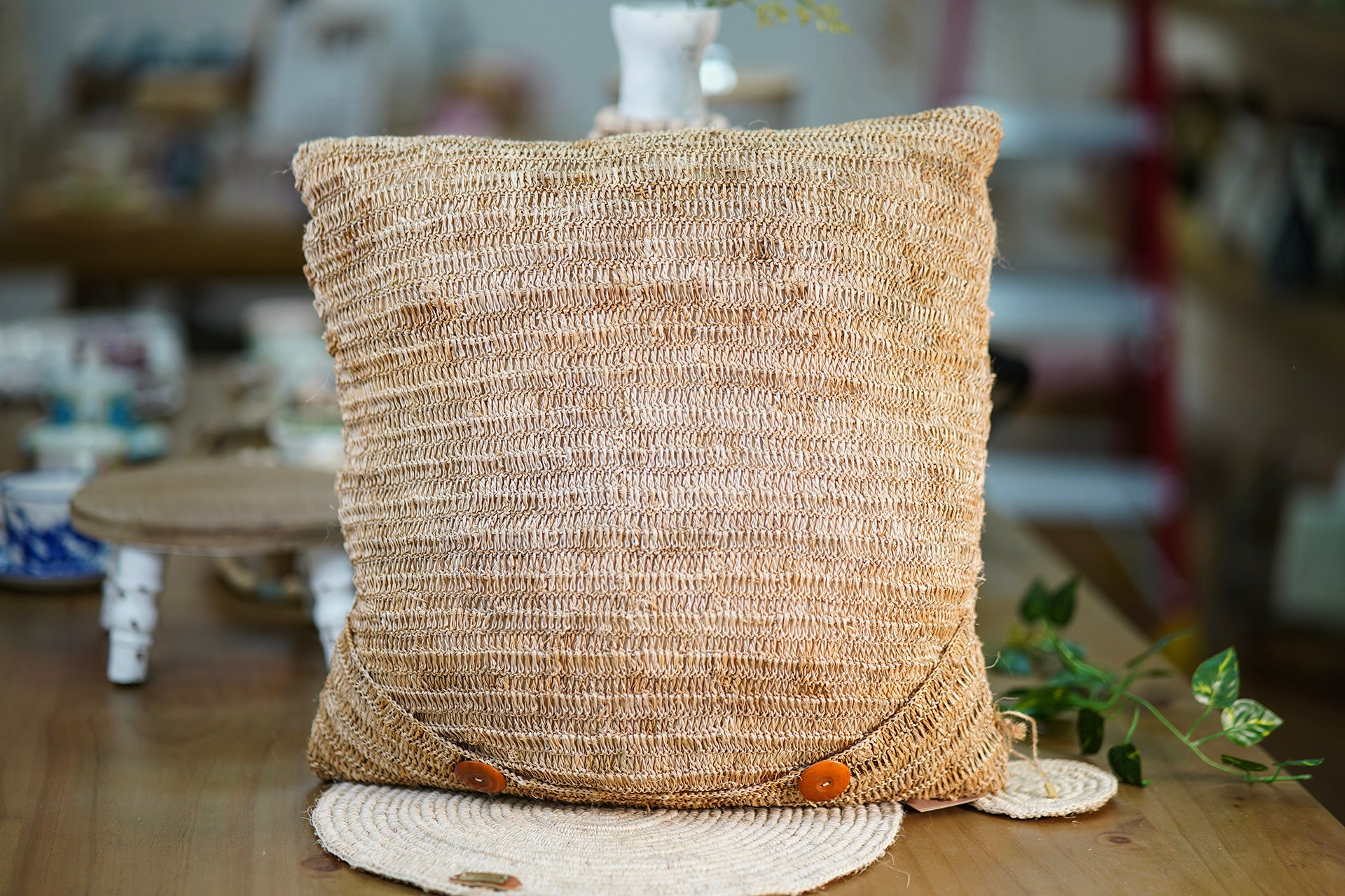 Handwoven Cushion – Natural with Double Decorative Button