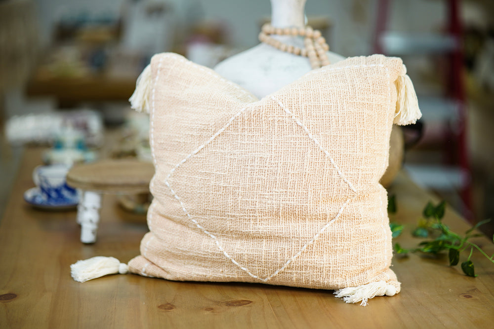 Artisanal Cushion with Tassels – Beige with Diamond Embroidery