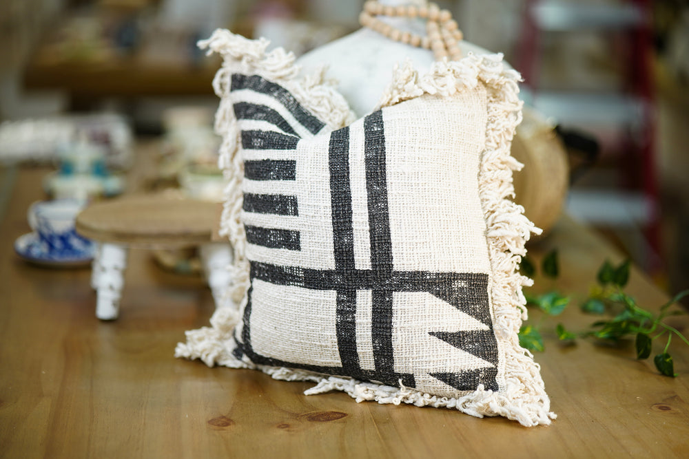 Artisanal Cushion with Fringes – White with Black Geometric Design