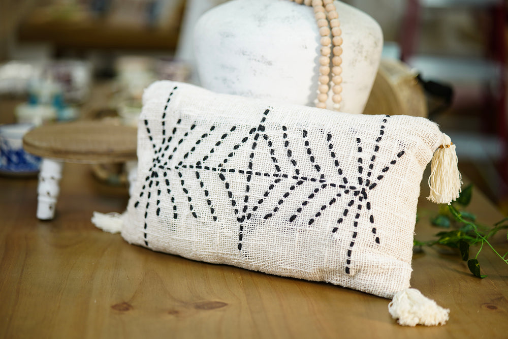 Rectangular Artisanal Cushion with Tassels – Beige with Black Geometric Embroidery