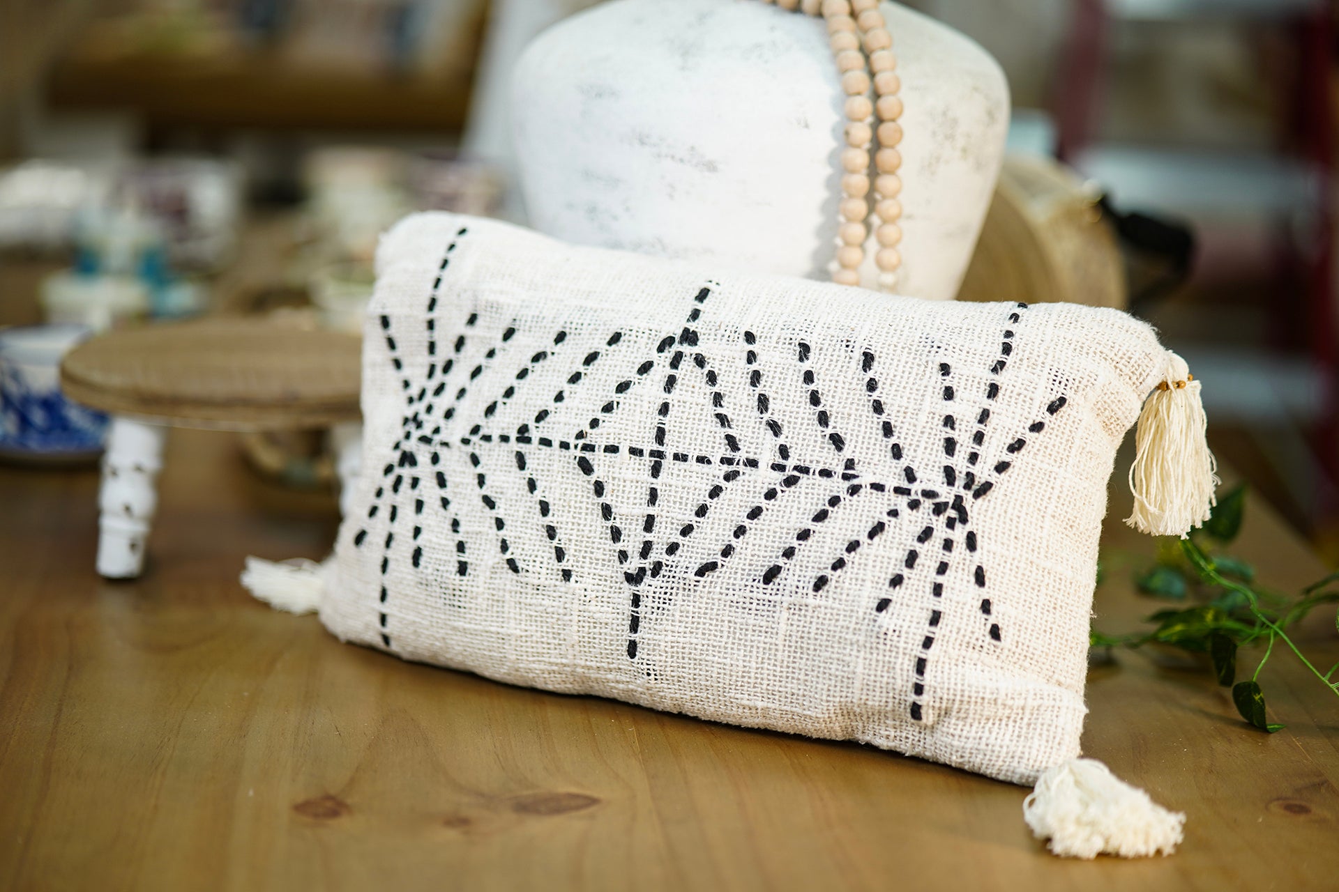 Rectangular Artisanal Cushion with Tassels – Beige with Black Geometric Embroidery