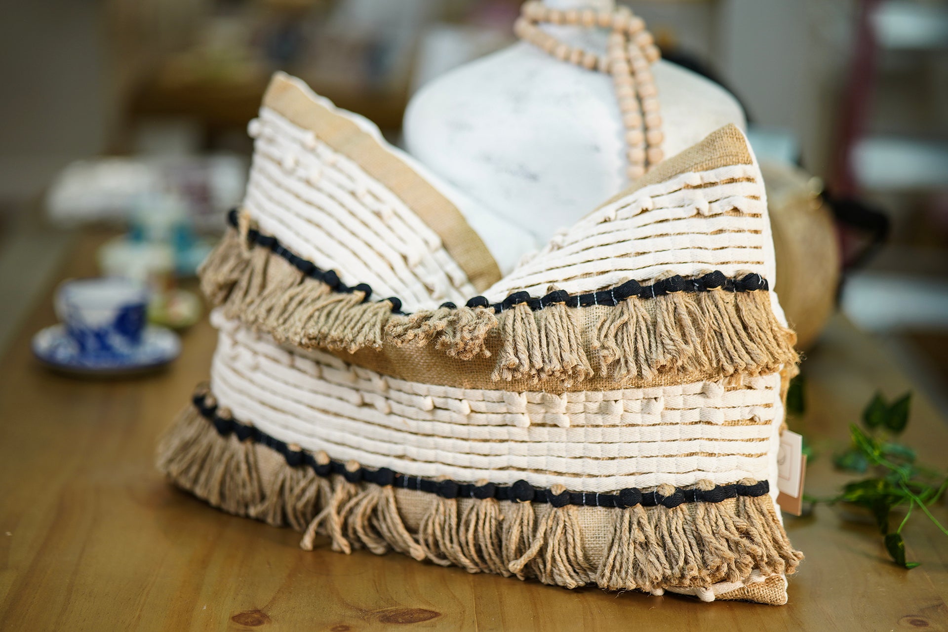 Artisanal Cushion with Fringes – Beige, White &amp; Black