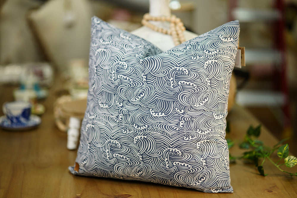 Printed Cushion – Navy Blue with Wave Design