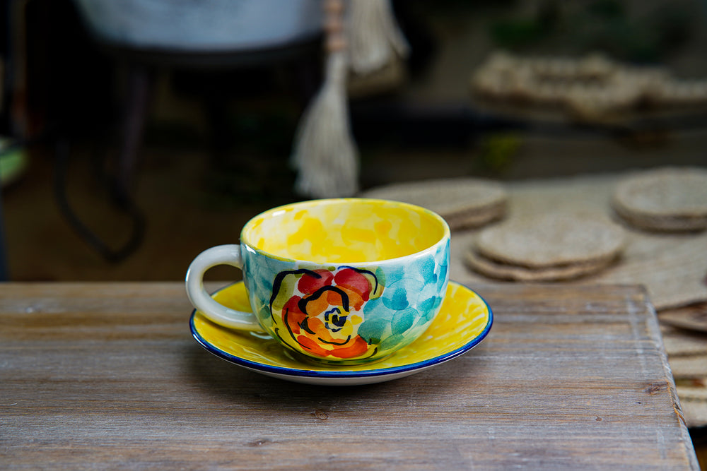 CFS - Large Artisan Mug – Colorful Floral Design with Yellow Interior