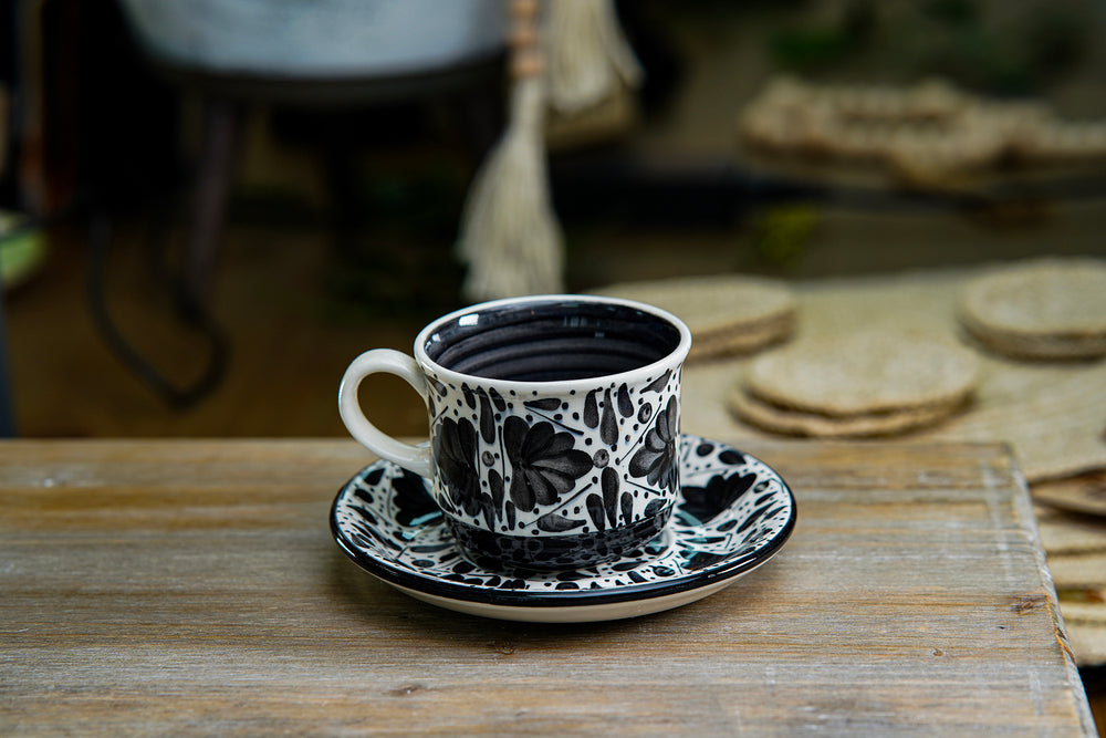 CFS - Medium Artisan Mug – Abstract Black &amp; White Floral Design