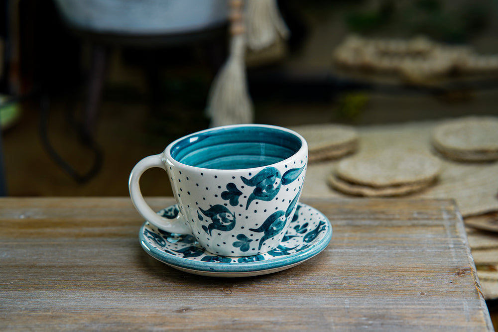 CFS - Medium Artisan Mug – Blue Floral with Polka Dot Design