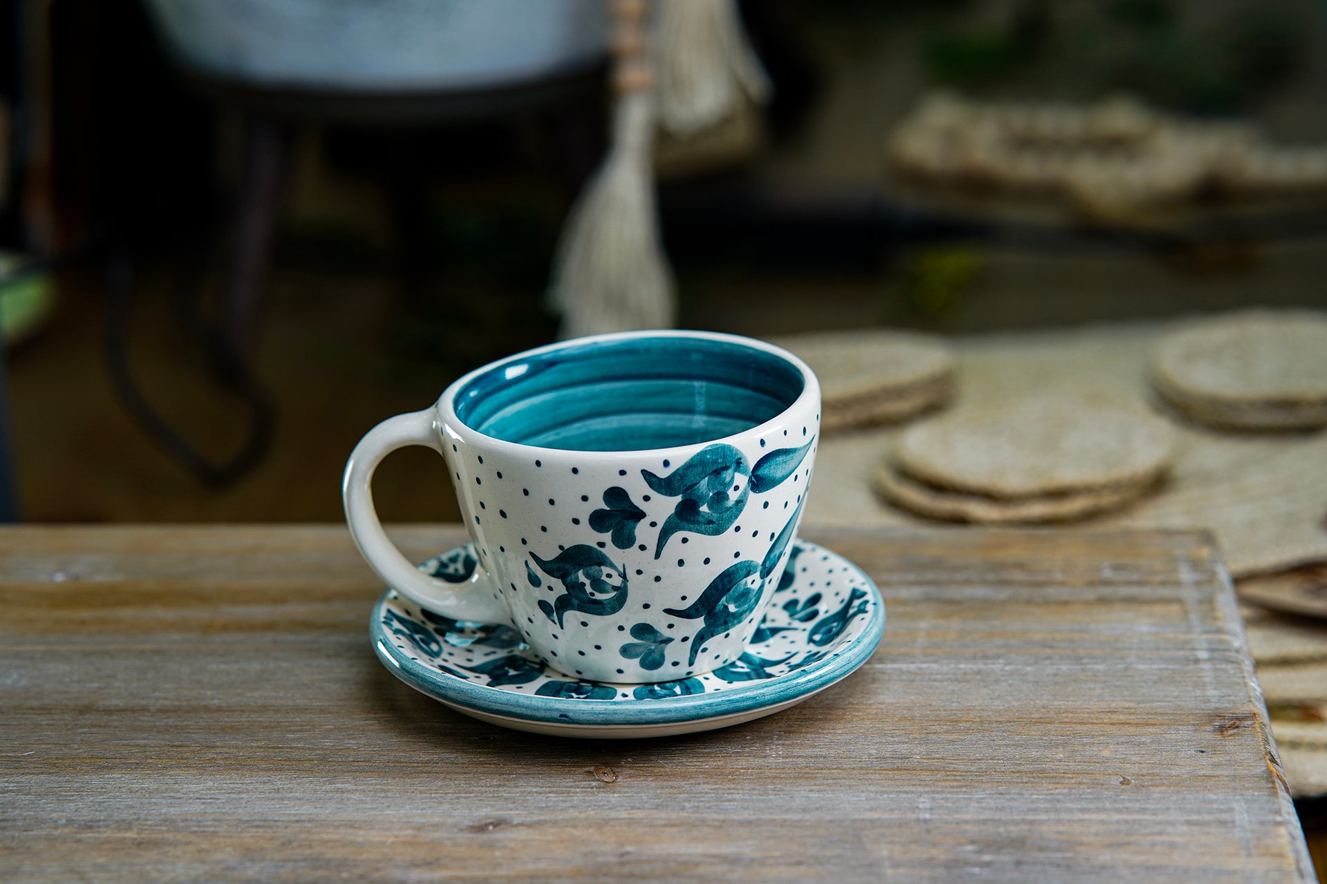 CFS - Medium Artisan Mug – Blue Floral with Polka Dot Design